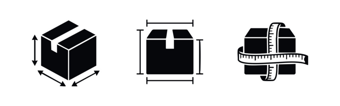 Set of vector icons for package dimensions and box measurement, showing length, width, height, and girth for shipping, logistics, and e-commerce.