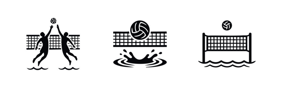 Set of three black silhouettes of water volleyball icons featuring players jumping, a splash with a ball, and a net in a pool on a white background.