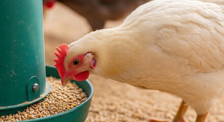 A white chicken pecks at grains from a green feeder in a farm yard.