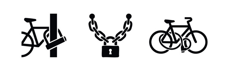 Fototapeta premium Black icons showing bicycle security methods: a bike u-lock on a post, a heavy-duty chain with padlock, and a cable lock on a bicycle frame.