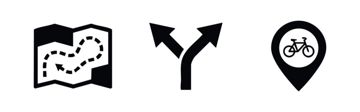 Minimalist black icon set for navigation and travel featuring a map route, diverging directional arrows, and a bicycle location pin.