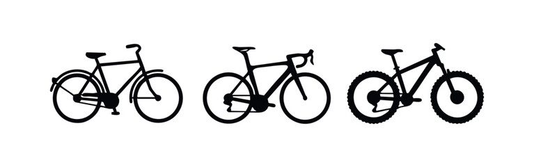 Fototapeta premium Minimalist black silhouettes of a city bike, road racing bicycle, and mountain bike on a white background. Set of icons for cycling and transport.