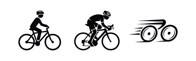 Fototapeta premium Set of three black minimalist bicycle icons featuring a casual rider, a racing cyclist, and a stylized motion symbol on a white background.
