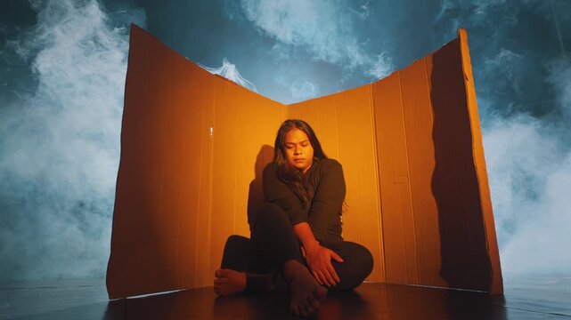 Set against a smoky blue background, a woman sits inside a warm-lit cardboard corner holding her head. Portrays deep emotional pain, feeling boxed in, or dealing with overwhelming life choices.