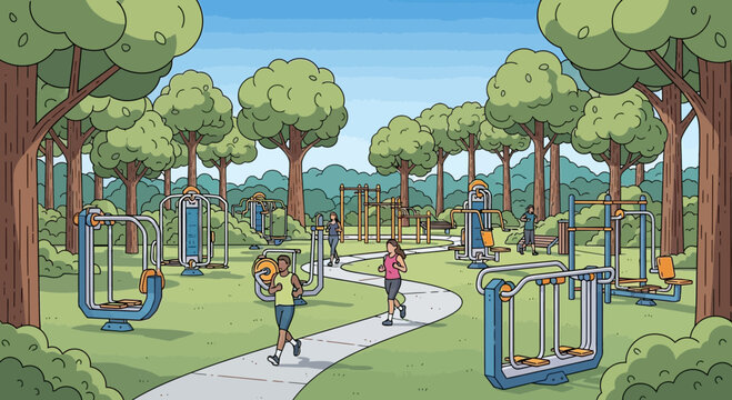People exercising in a sunny outdoor gym park with fitness equipment and trees.