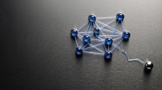 Disconnected network of blue glowing electronic nodes on metal surface. Digital data communication failure concept. System glitch or severed connection in cyber network infrastructure.