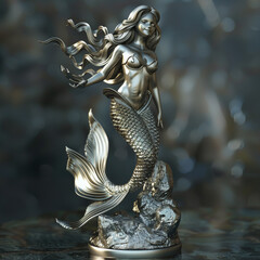 Fototapeta premium Photorealistic Silver Mermaid Statue in High Quality Detail