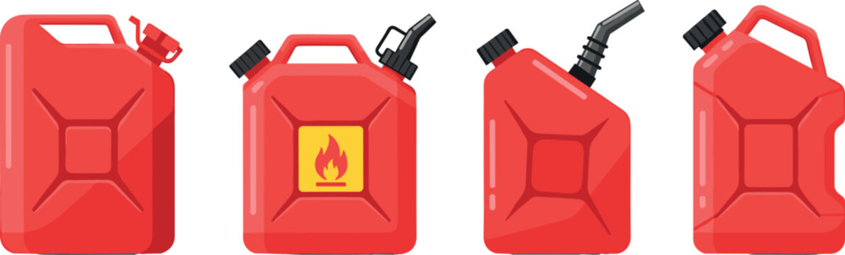 Red fuel jerry cans collection isolated on white background, gasoline containers with nozzle and flammable sign vector illustration set
