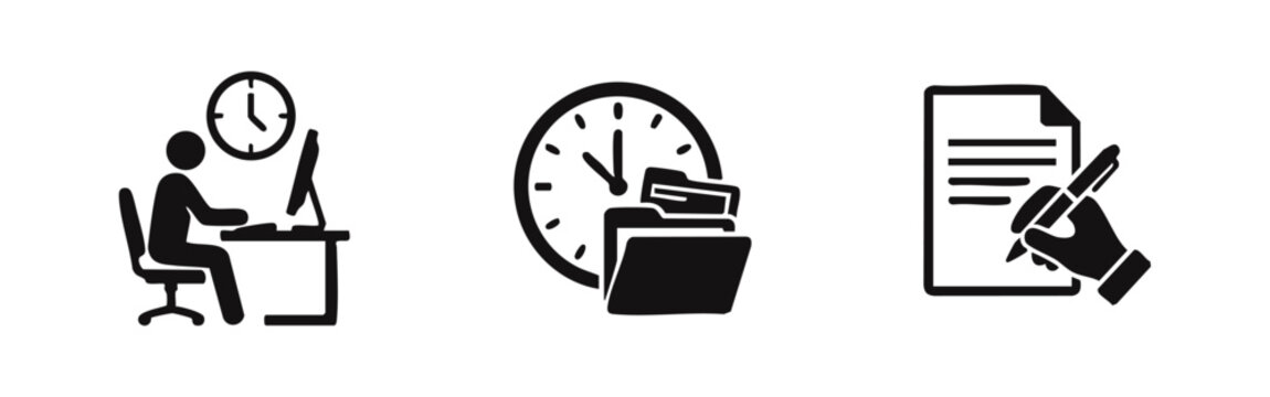 Business icon set illustrating office productivity, time management with a clock and folders, and hand writing on a document.