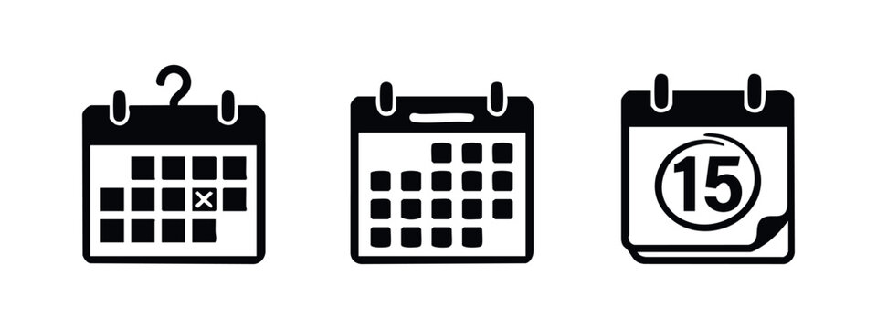 Minimalist set of three black calendar icons isolated on white, symbolizing scheduling, time management, and marking important dates and deadlines.