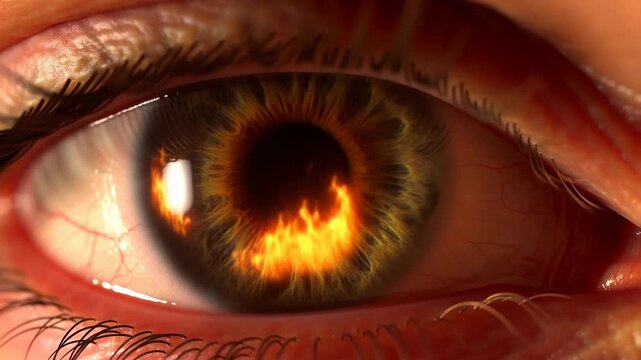 Close-up of a human eye with a fiery iris, symbolizing passion and intensity. Represents deep emotions and the power of vision