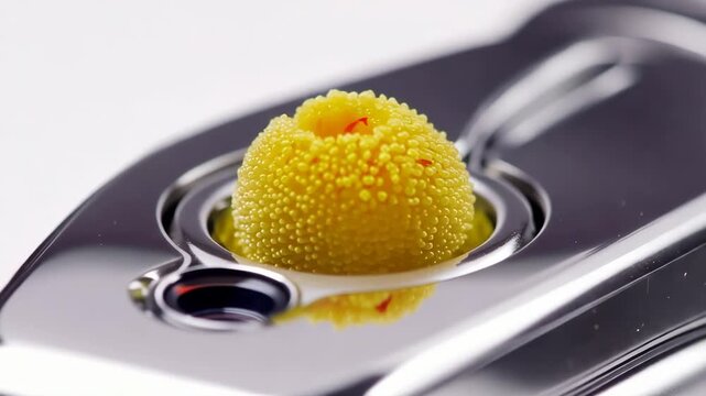 Macro Shot of a Vibrant Yellow Biological Taste Bud on a Polished Silver Surface