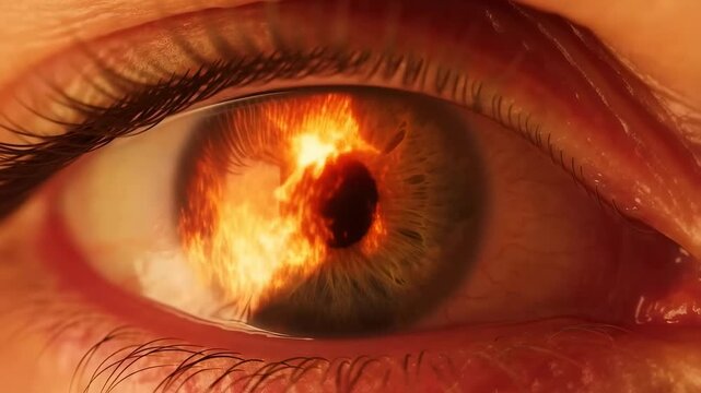 Close-up of a human eye with a fiery effect reflecting within the iris. Symbolizes passion, intensity, and the power of vision