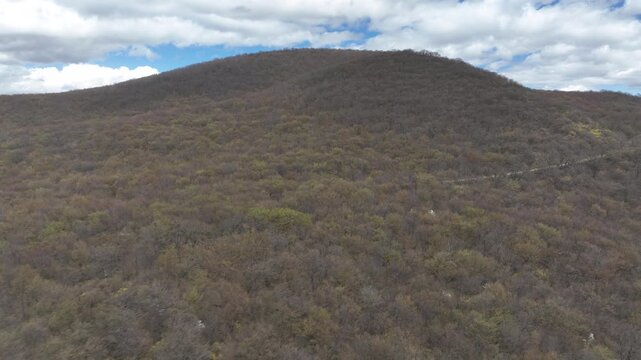 Aerial view of a massive mountain covered in dense leafless forest during spring under a blue sky with scattered clouds, featuring a narrow dirt road at the base.