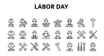 Fototapeta premium Labor day icons set with workers and tools on white background