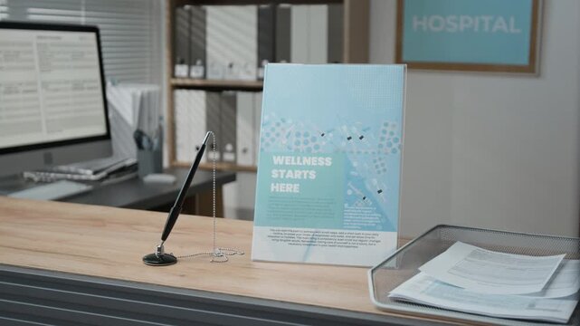 Close up of wellness flyer, pen stand and documents on desk at hospital reception area, modern computer and bookcase with organized files in blurred background