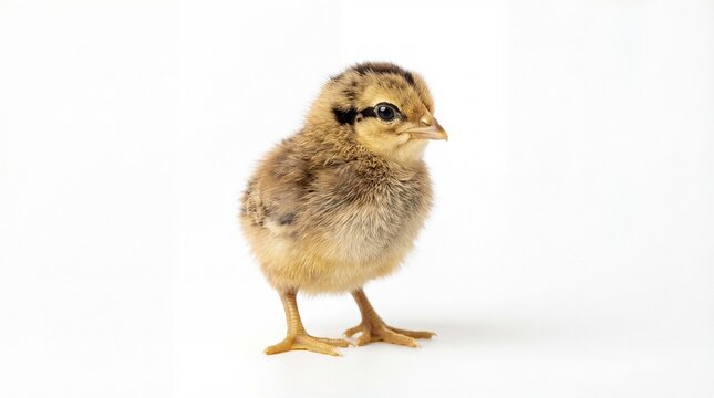 A small, fluffy chick stands alone on a white background, looking around curiously.