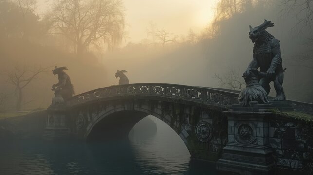 Mysterious old stone bridge with dragon statues in a foggy landscape