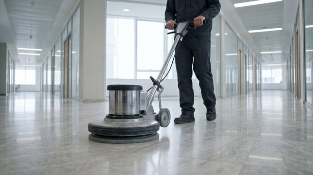 A man in black uniform cleaning a shiny marble floor with a floor polisher in a modern office building