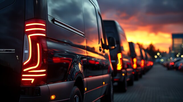 Fleet of black vans parked in a row with illuminated taillights against a sunset sky