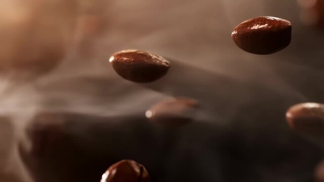 Floating coffee beans surrounded by aromatic steam. Capturing the essence of fresh coffee preparation and the allure of rich flavors