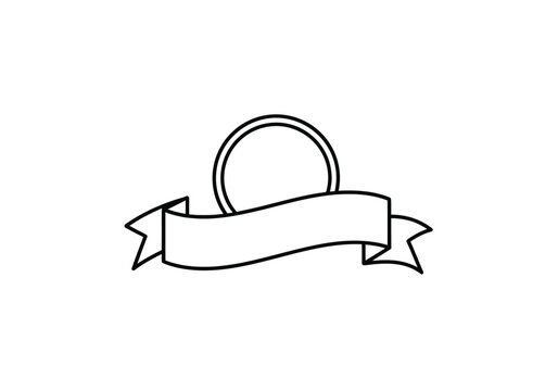 Simple continuous line drawing of a blank circular badge with a decorative ribbo