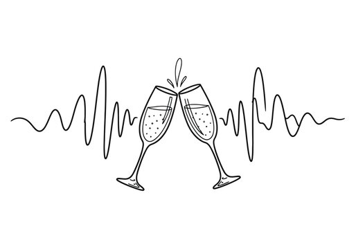 Continuous line drawing of clinking champagne glasses with heartbeat rhythm