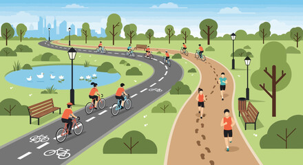 People cycling and running in a park with a lake and city skyline © Sarwanto1122