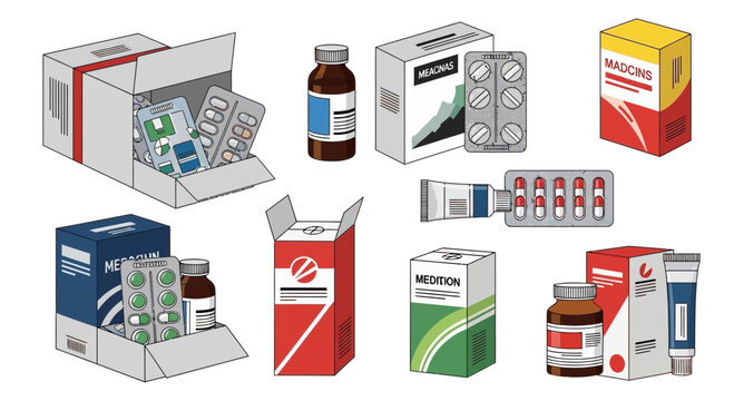 Collection of Pharmaceutical Packaging: Medicine Boxes, Bottles, and Blister Packs