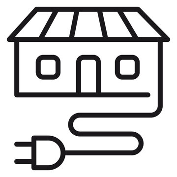 Black line vector icon illustration of a house or shop building connected to an electrical power plug, representing smart home technology, energy efficiency, or electric vehicle charging.