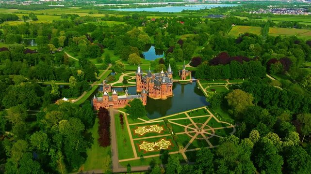 Aerial view of historic Castle de Haar, Utrecht. Historic castle built in The Netherlands