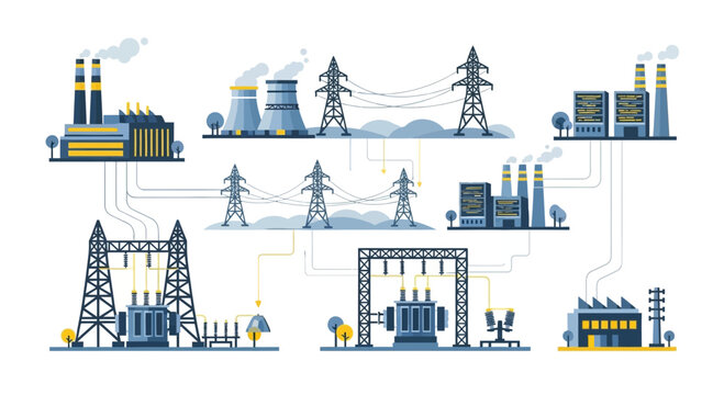 Modern Power Grid Network: Energy Plants, Substations, and Transmission Lines