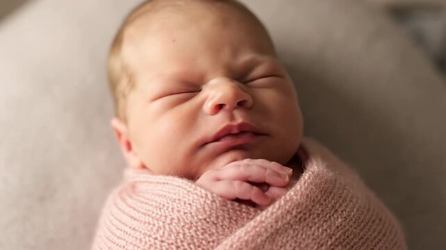 Close-up of newborn baby swaddled in pink blanket, eyes closed. Soft focus portrait