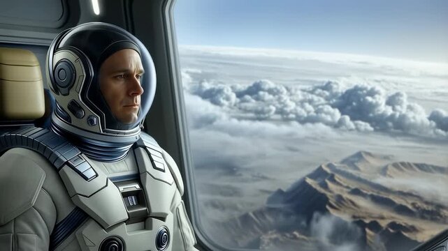 Astronaut gazing out of spacecraft window at distant mountains and clouds. A moment of reflection in the vastness of space exploration
