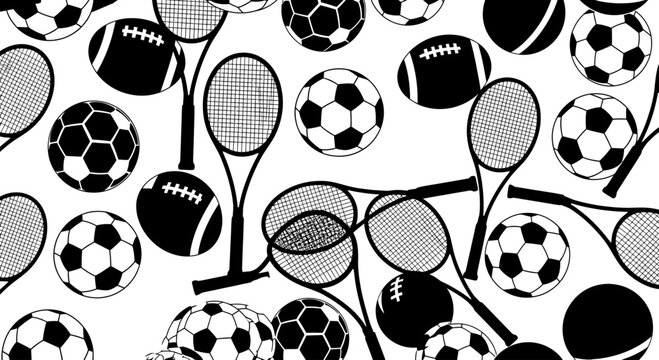 Collection of sports equipment and balls in a repeating pattern