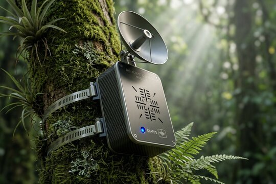 Professional bio-acoustic sensor model 7 for wildlife sound monitoring and remote data transmission in a lush rainforest
