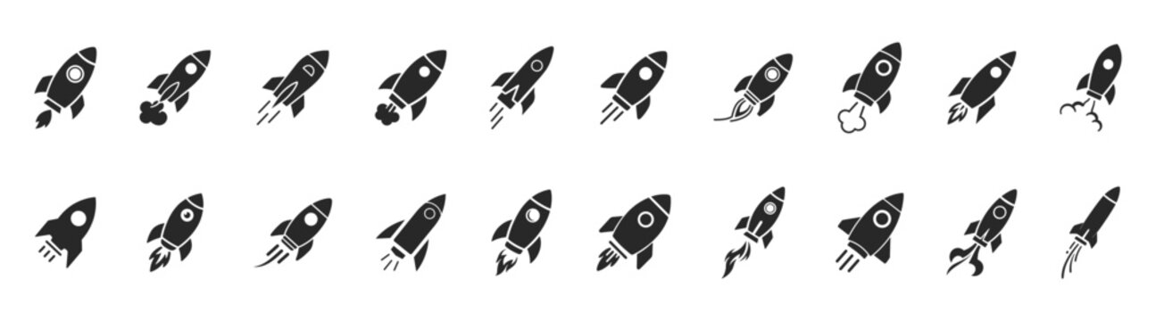 Rocket launch startup business space silhouette icon set on transparent background