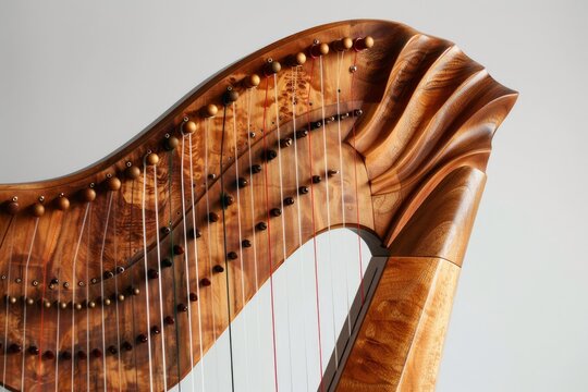 Close up of a beautifully crafted wooden harp, highlighting tuning pegs and strings against a minimalist background