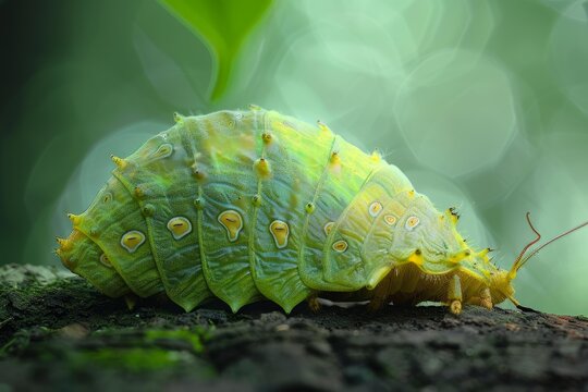 Close up of a green slug caterpillar crawling on a tree branch, showcasing its unique texture and vibrant color