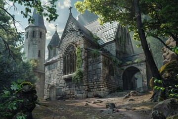 Obraz premium Sunlight illuminates an old stone church and bell tower nestled within a tranquil forest, evoking a sense of history and serenity