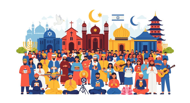 Diverse Religious Community Gathering Celebrating Unity and Faith with Symbols