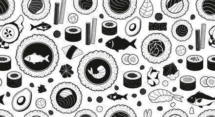 Black and white pattern of various sushi, fish, avocado, and cucumber slices © AJI T