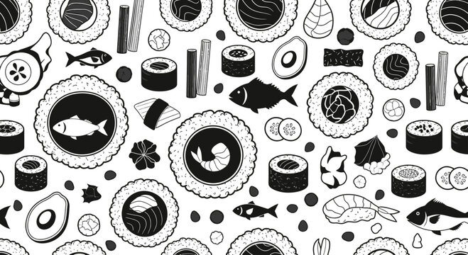 Black and white pattern of various sushi, fish, avocado, and cucumber slices