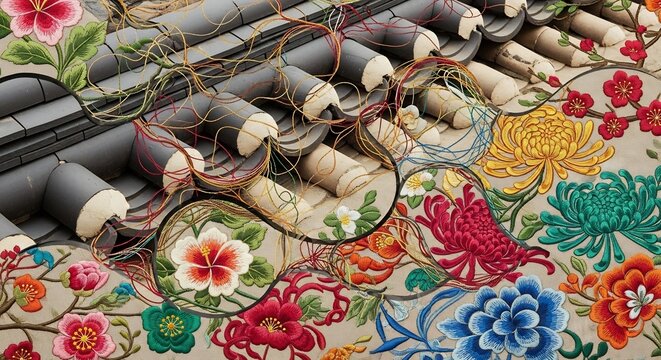 Broken clay roof tiles with multicolor floral embroidery and ribbon threads on a vintage pattern backdrop