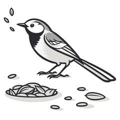 A charming black and white illustration depicts a small bird possibly a titmouse perched near scattered seeds high quality professional detailed modern © mukul