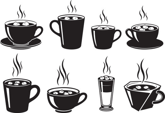 Steaming cups filled with hot chocolate and marshmallows.Hot chocolate and marshmallows silhoette vector illustrator.