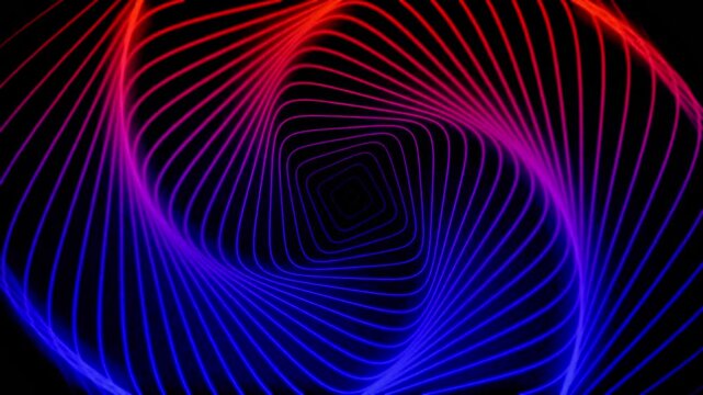 Square abstract spiral of glowing red and blue neon lines rotating into a geometric deep tunnel on a dark background.