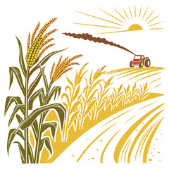 A stylized illustration depicts a red tractor fertilizing a vibrant field of corn and wheat under a radiant sun high quality professional © mukul