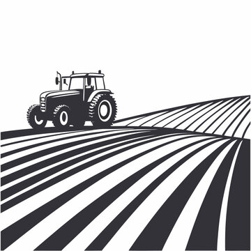 A stark black and white illustration depicts a classic tractor moving across a field of freshly plowed linear furrows high quality professional