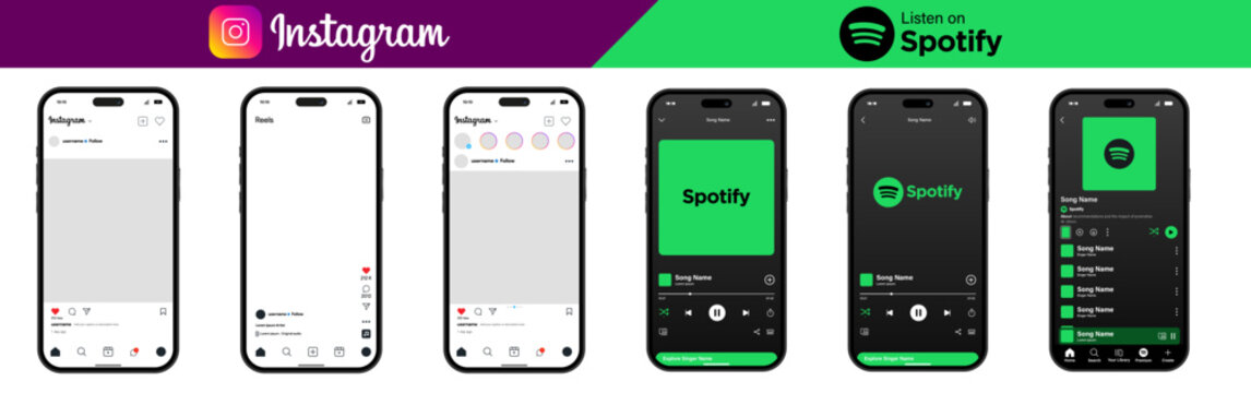 Realistic side-by-side smartphone frames displaying dark mode user interfaces for both mockup Instagram social media and Spotify music streaming apps with logos.